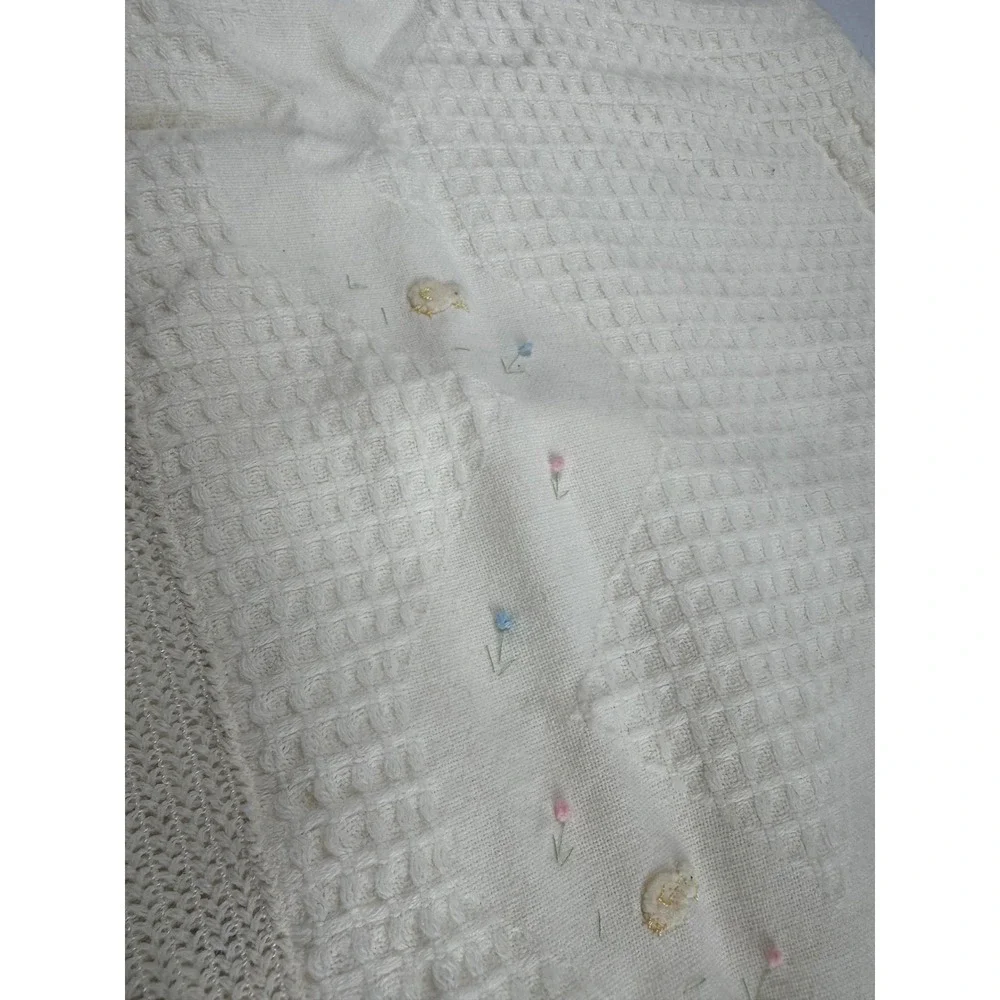 Vintage Cottagecore Unbranded Baby Blanket Cream Waffle Knit Embroidered Chicks